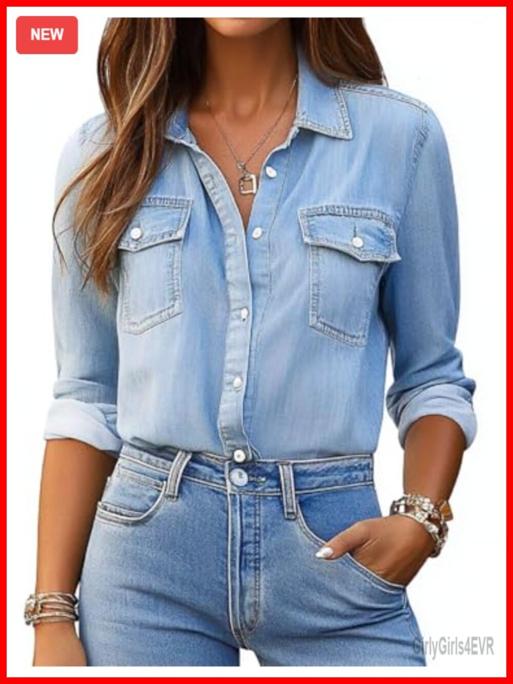 Womens Button Down Denim Shirt Long Sleeve Casual Chambray Blouse